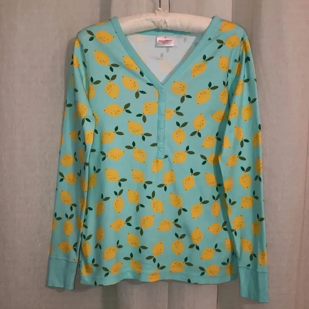 HA M Mint Green Yellow 💯Organic Cotton Long Sleeve Pajama Top Lemon Print